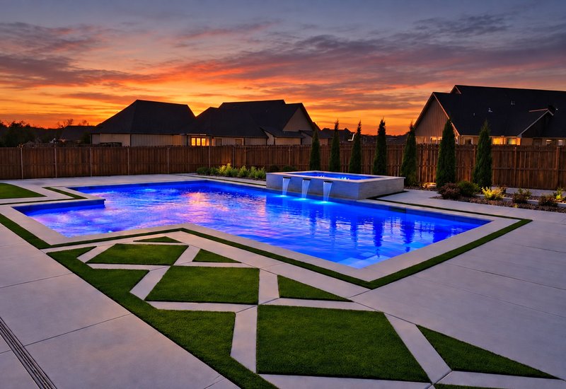 Backyard pool deck with artificial turf strips set between concrete pavers at sunset
